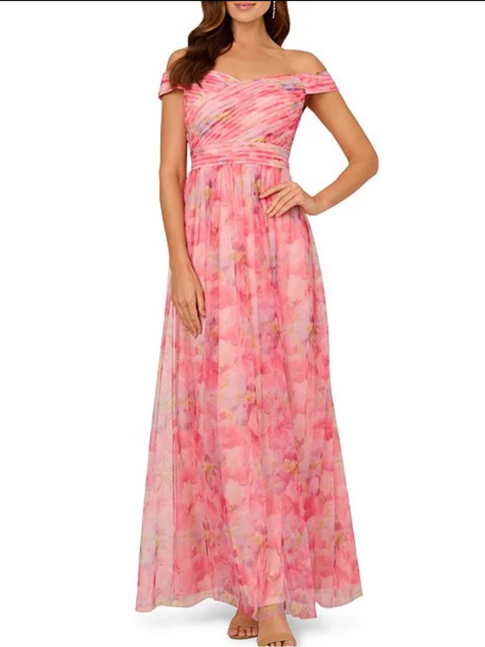 Adrianna Papell Pink Floral Off-Shoulder Maxi Gown